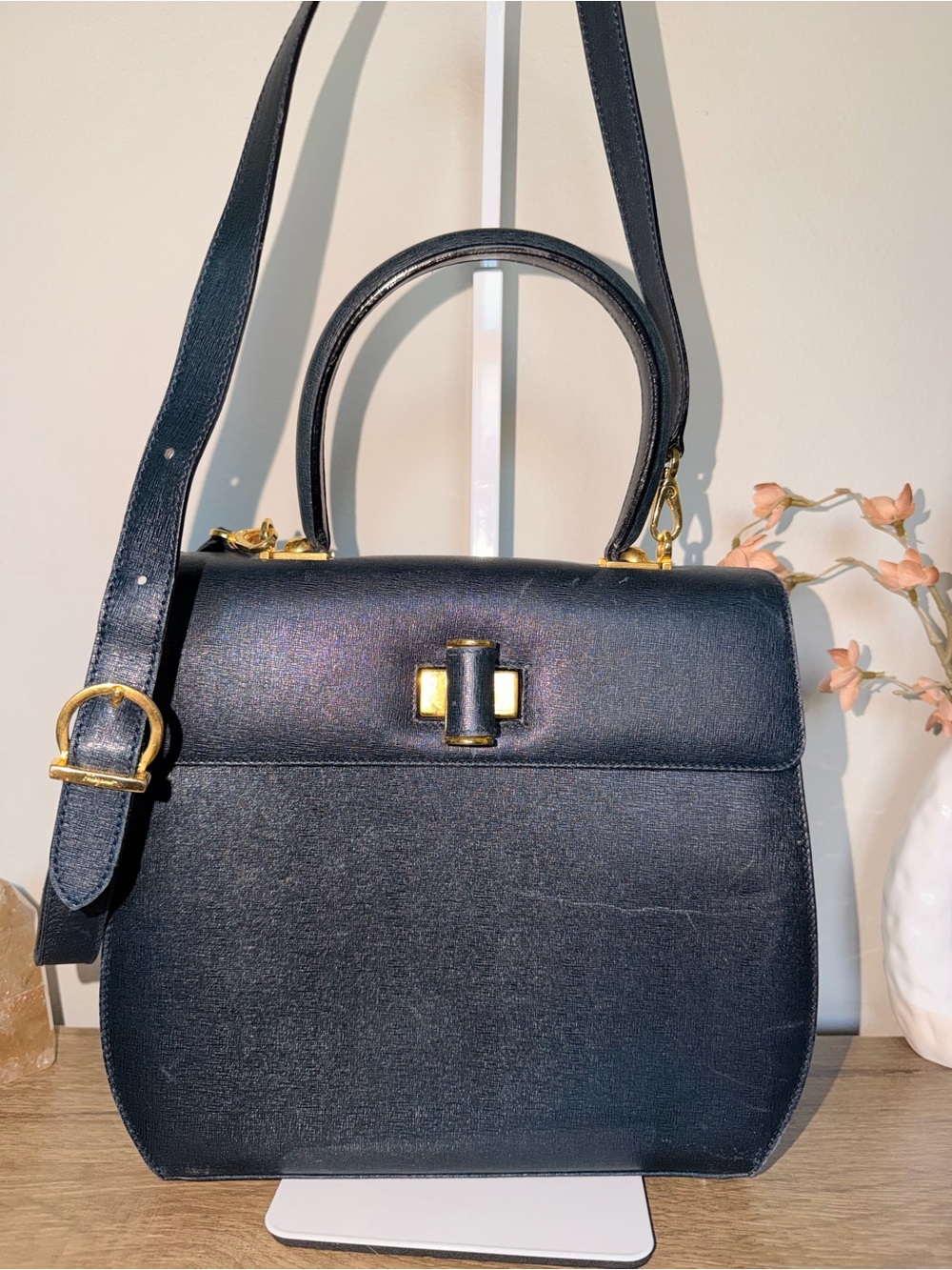 Vintage Ferragamo Structured Navy Blue Leather Top-Handle 2 Way Hand Bag